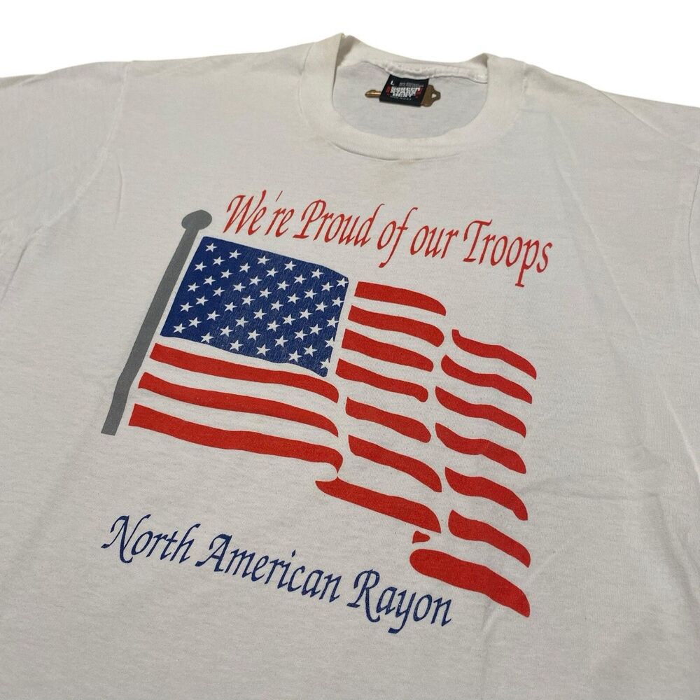 Vintage Proud Of Our Troops Tee Shirt USA Made Single Stitch Military 90s Flag M